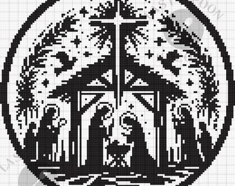 Christmas Nativity Scene (Monochrome) Digital Cross Stitch Pattern for Instant Download