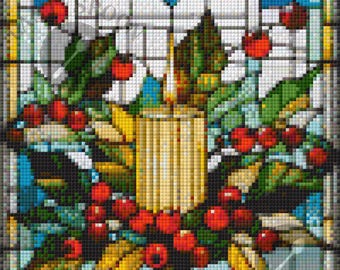 May include: A stained glass window design featuring a yellow candle with red berries and green leaves. The candle is surrounded by a wreath of holly and berries.