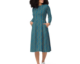 Angler Fish All-Over Print Long Sleeve Midi Dress