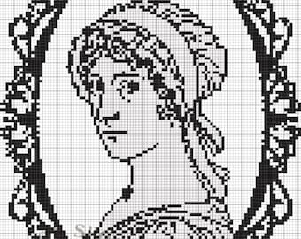 May include: Black and white cross-stitch pattern of a woman's portrait in an ornate frame. The woman is wearing a white dress and has her hair pulled back.