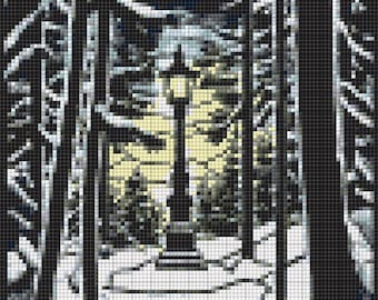 Lamp Post in a Snowy Winter Woodland Scene Digital Cross Stitch Pattern for Instant Download