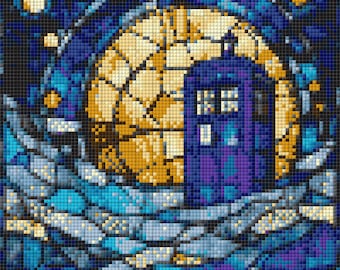 Blue Police Call Box Lunar Scene Stained Glass Look Digital Cross Stitch Pattern for Instant Download
