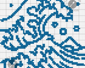 May include: Blue and white cross stitch pattern with a floral design. The pattern is on a white grid background.
