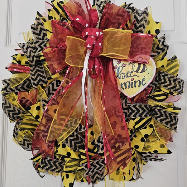 Bee Mine Valentine Wreath, Red and Yellow with hand painted wooden Heart.