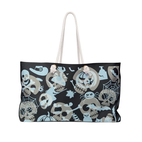 Halloween Weekender Bag Spooky bag with skulls and Halloween graphics - cats ghosts pumpkins owls witches spiders bats bones trees candy