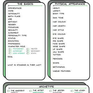 Charakterentwicklung Blätter für Drehbuchschreiber, Spielleiter & TTRPG/DND Spieler - Pastell Grau Grün