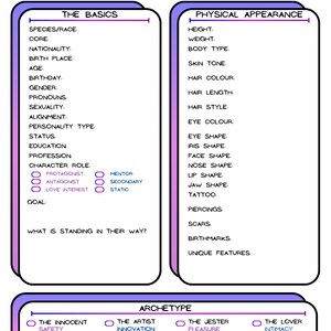 Charakter Entwicklung Blätter für Writer, Game Masters & TTRPG/DND Players - Pastel Purple Blue
