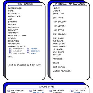 Charakterentwicklung Blätter für Drehbuchschreiber, Spielleiter & TTRPG/DND Spieler - Schwarz Blau