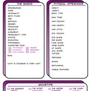 Charakterentwicklung Blätter für Drehbuchschreiber, Spielleiter & TTRPG/DND Spieler - Lila