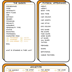 Charakterentwicklungsblätter für Drehbuchschreiber, Spielleiter & TTRPG/DND Spieler - Orange