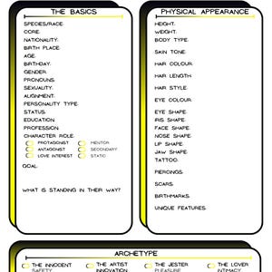 Charakterentwicklung Blätter für Drehbuchschreiber, Spielleiter & TTRPG/DND Spieler - Schwarz Gelb