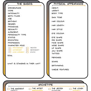 Charakterentwicklung Blätter für Drehbuchschreiber, Spielleiter & TTRPG/DND Spieler - Grau Orange
