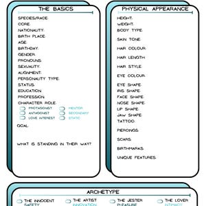 Charakterentwicklungsbögen für Drehbuchschreiber, Spielleiter & TTRPG/DND Spieler - Teal