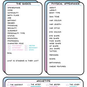 Charakter Entwicklung Blätter für Writer, Game Masters & TTRPG/DND Players - Pastel Pink Blue