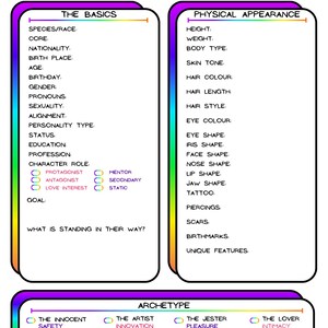 Charakterentwicklungsbögen für Drehbuchschreiber, Spielleiter & TTRPG/DND Spieler - Regenbogen