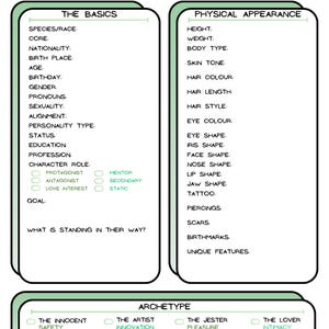 Charakter Entwicklung Blätter für Writer, Game Masters & TTRPG/DND Players - Pastel Green