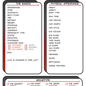 Charakterentwicklung Blätter für Drehbuchschreiber, Spielleiter & TTRPG/DND Spieler - Grau Rot