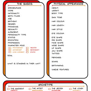 Charakterentwicklung Blätter für Drehbuchschreiber, Spielleiter & TTRPG/DND Spieler - Rot Orange