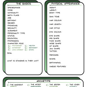 Charakter Entwicklung Blätter für Writer, Game Masters & TTRPG/DND Players - Smoky Green