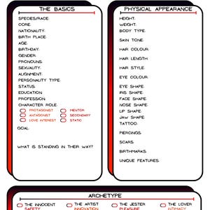 Charakterentwicklung Blätter für Drehbuchschreiber, Spielleiter & TTRPG/DND Spieler - Schwarz Rot