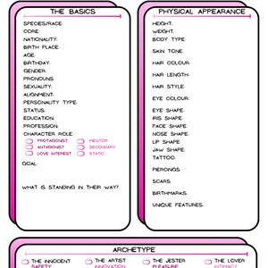 Charakterentwicklung Blätter für Drehbuchschreiber, Spielleiter & TTRPG/DND Spieler - Pink
