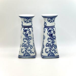 Vintage Blau & Weiß Porzellan Kerzenhalter - ein Paar