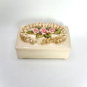 Vintage Porcelain Floral & Lace Jewelry Trinket Box