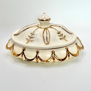 Vintage Ceramic White & Gold Lidded Pottery Bowl