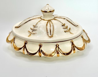 Vintage Ceramic White & Gold Lidded Pottery Bowl