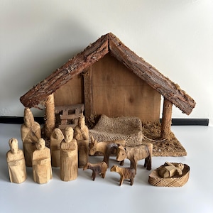 Hand-Carved Olive Wood Nativity Scene with Stable - 12 Piece Set