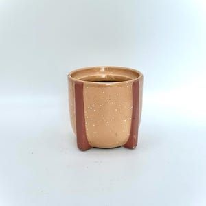 May include: A small, speckled ceramic planter in a warm beige color. Two vertical, dark red stripes run down the sides. The planter has a rounded shape and sits on three small feet. The interior is a darker shade of brown.