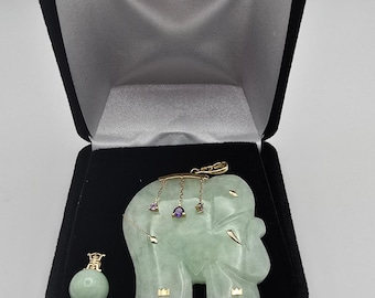 Jadeite Elephant Pendant 14K Gold Amethyst Accents + Jade Ball Charm