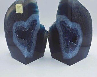 Blue Agate Geode Bookends – Polished Crystal Pair (6.39 lbs)
