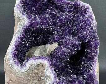 Large Uruguay Amethyst Geode w Calcite Inclusion Deep Purple Crystal Cathedral
