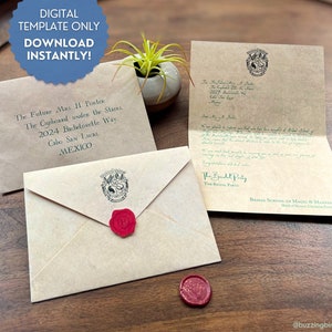 Plantilla de carta de aceptación, sobre y sello de cera de Wizard World para decoración de fiesta temática de escuela de magia, obsequio o accesorio fotográfico