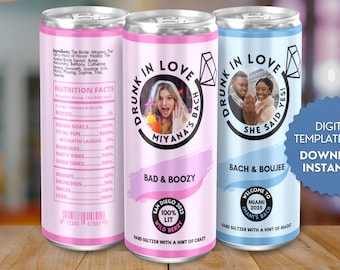 Seltzer-burketikett för möhippa eller bruddusch (redigerbar Canva-mall, 355 ml burk)
