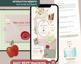 以下が含まれることがあります： スマートフォン画面に表示されたインタラクティブなデジタルベビーシャワー招待状テンプレート。リンゴのテーマ、RSVPフォーム、レジストリリンク、おむつ抽選の詳細、地図が含まれており、You are invited、RSVP、Click Hereなどのテキスト要素が表示されています。