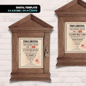 May include: Two wooden framed signs with text. The left sign reads "Proclamation. Educational Decree No. 26" and the right sign reads "Proclamation. Educational Decree No. 35". Both signs have a lock and key detail.