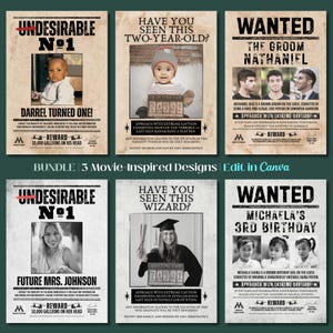 May include: A bundle of six movie-inspired designs, each resembling a wanted poster. The posters feature photos of people and children, with text like "Undesirable No. 1" and "Wanted." The color scheme is tan and black.