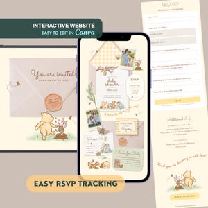 May include: A digital baby shower invitation displayed on a smartphone, featuring a Winnie the Pooh theme. The design includes illustrations of Pooh and Piglet, along with RSVP details and a diaper raffle. The invitation is easy to edit in Canva and offers easy RSVP tracking.