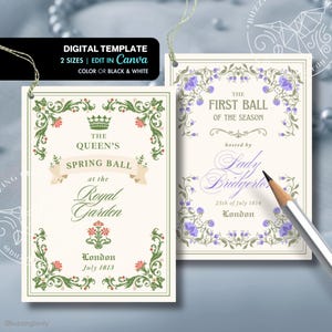 May include: Two cream-colored digital templates with floral borders and text. One reads "The Queen's Spring Ball" at the Royal Garden, London, July 1813. The other says "The First Ball of the Season" hosted by Lady Bridgerton, London, July 1814.