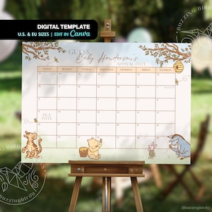 Op de afbeelding: Een babyshower kalendersjabloon met een Winnie de Poeh-thema. De kalender heeft een lichtbeige achtergrond met een kalenderraster, illustraties van Poeh en zijn vrienden, en de tekst "Guess Baby Henderson's Arrival Date."