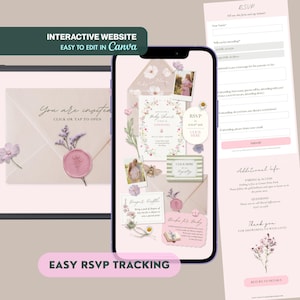 Könnte beinhalten: Ein digitales Design für eine Babyparty-Einladung, angezeigt auf einem Smartphone und einem Tablet. Das Design zeigt florale Elemente, ein rosa Wachssiegel und den Text "Baby Shower". Das Design enthält RSVP-Details und Informationen zur interaktiven Website.