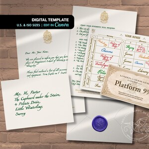 May include: A digital template set featuring a school acceptance letter with a gold crest, a class schedule grid, and a train ticket for Platform 9 3/4. Includes an envelope with a purple wax seal and a letter addressed to Mr. H. Porter in green ink.