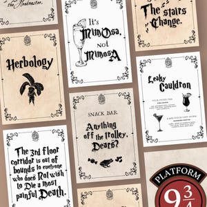 May include: A collection of rectangular paper signs with a vintage parchment texture, featuring black decorative borders, crests, and gothic-style typography. The signs display various phrases and illustrations, including Herbology, Leaky Cauldron, and Platform 9 3/4.