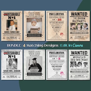 May include: A collection of four matching designs with a vintage paper appearance. The designs feature "Undesirable" and "Wanted" posters, and birthday proclamations, all with a magical theme. The text includes "Edit in Canva".