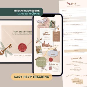 Może przedstawiać: Cyfrowy projekt zaproszenia na baby shower o magicznym motywie, z sową, kluczami i pieczęcią woskową. Projekt zawiera tekst "Baby Shower" i "Easy RSVP Tracking."
