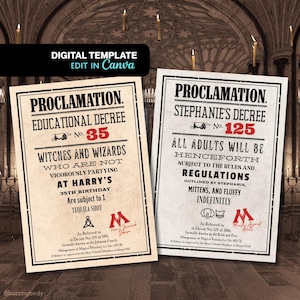 May include: Two digital templates with a vintage parchment design. One reads "Proclamation Educational Decree No. 35" with text about witches and wizards. The other reads "Proclamation Stephanie's Decree No. 125" with text about adults and regulations. Both have themed graphics.