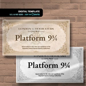 Puede incluir: Una plantilla digital de un billete de tren con el texto LONDON TO HOGWATERS for ONE WAY travel Platform 9 3/4, bordes dorados ornamentados y un escudo central. Una segunda versión en plata con el texto Platform 9 1/4 aparece debajo.