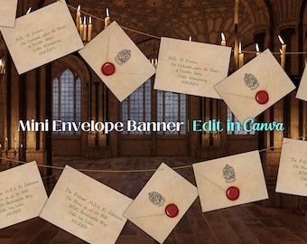 Banner imprimível em formato de mini envelope para Escola de Magia: Modelo editável no Canva (Download digital)